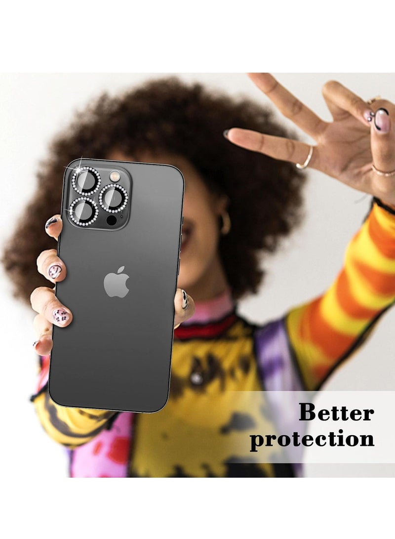 "Black Diamond Camera Lens Protector for iPhone 16 Pro/Pro Max – Bling Tempered Glass Cover with Automatic Alignment Metal Rings and Glitter Stickers" - Image 5