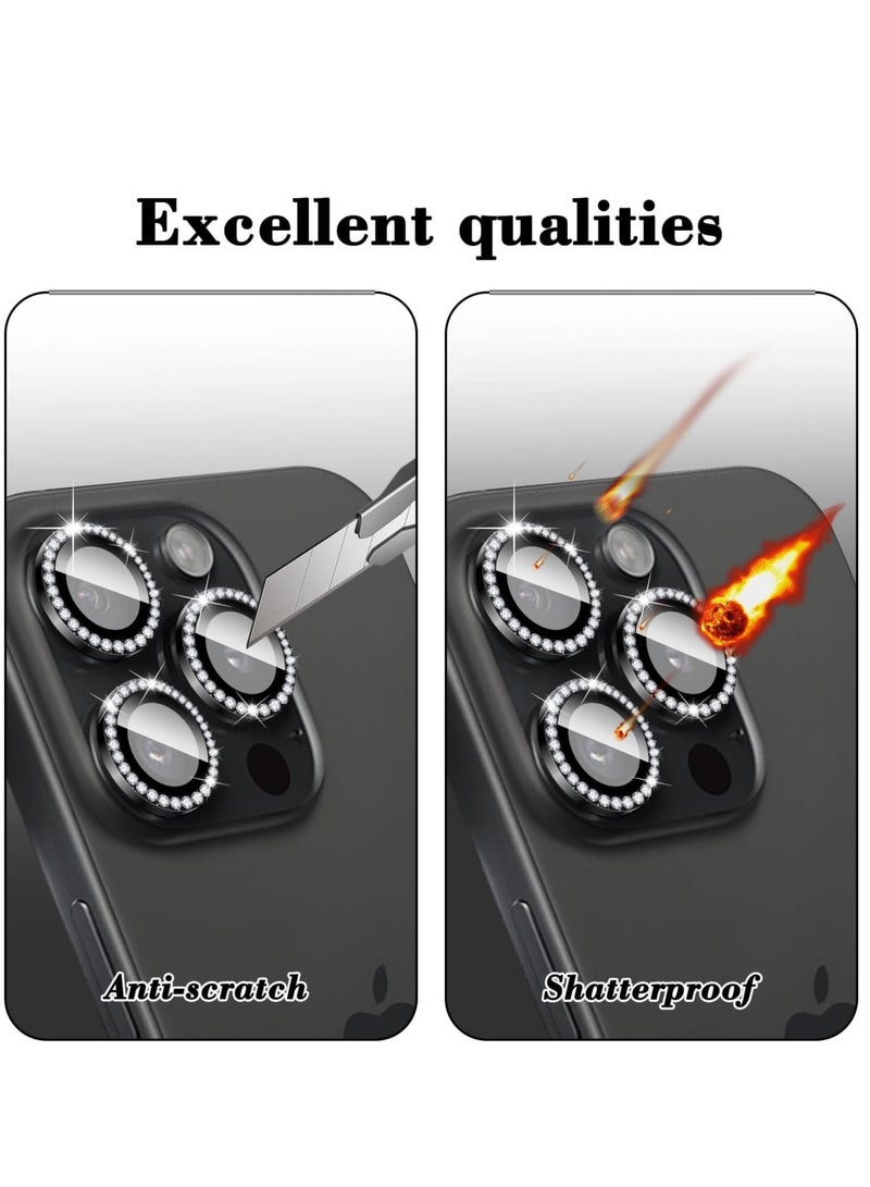 "Black Diamond Camera Lens Protector for iPhone 16 Pro/Pro Max – Bling Tempered Glass Cover with Automatic Alignment Metal Rings and Glitter Stickers" - Image 4