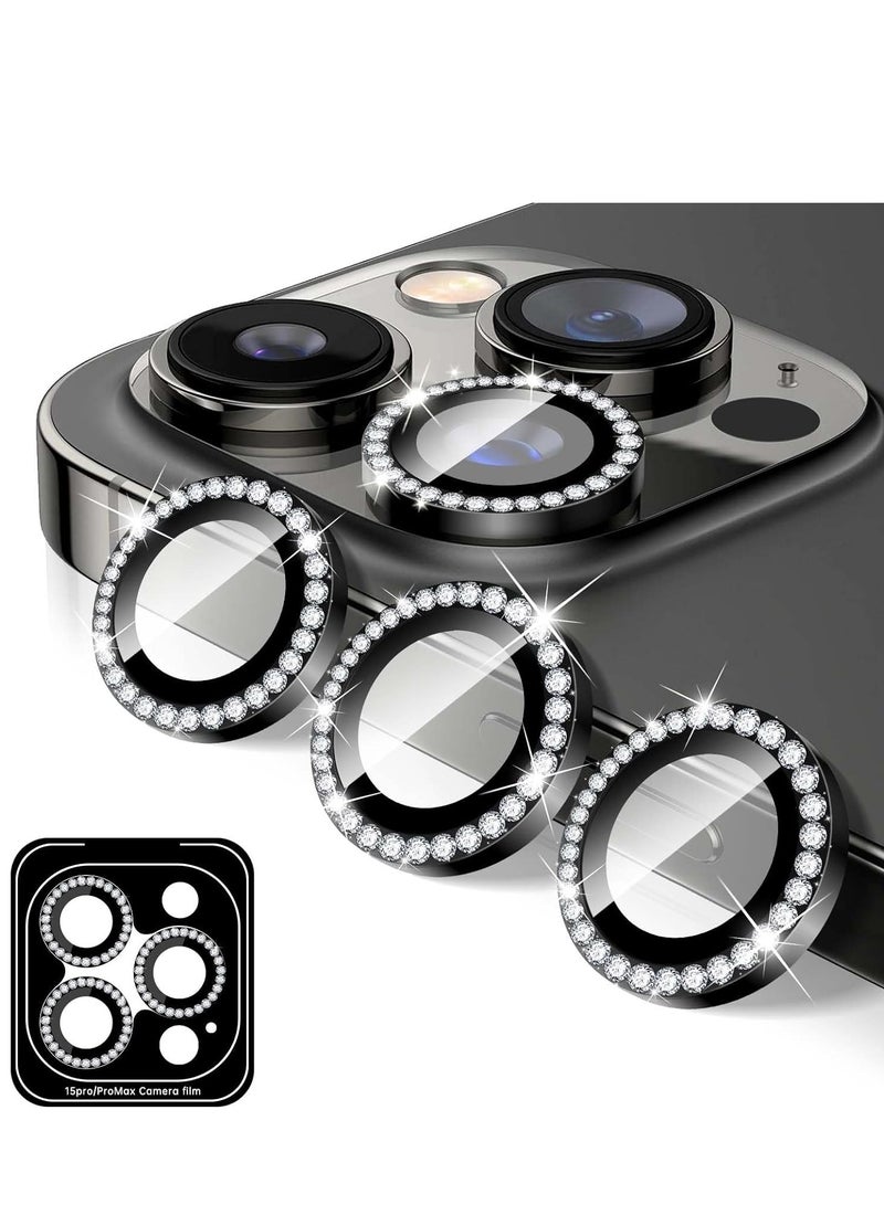 "Black Diamond Camera Lens Protector for iPhone 16 Pro/Pro Max – Bling Tempered Glass Cover with Automatic Alignment Metal Rings and Glitter Stickers" - Image 1