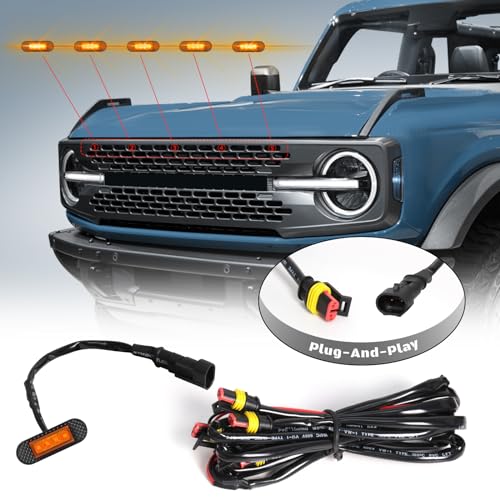 FICOLPO 5 Pcs Grille Lights Compatible with 2021 2022 2023 2024 Ford Bronco Badlands, Wildtrak, Everglades 2/4-Door - LED Front Grille Lights Accessories with Fuse & Harness(Amber Light) - Image 3