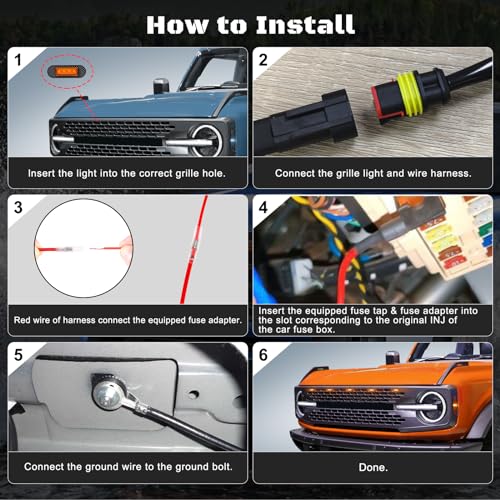 FICOLPO 5 Pcs Grille Lights Compatible with 2021 2022 2023 2024 Ford Bronco Badlands, Wildtrak, Everglades 2/4-Door - LED Front Grille Lights Accessories with Fuse & Harness(Amber Light) - Image 5