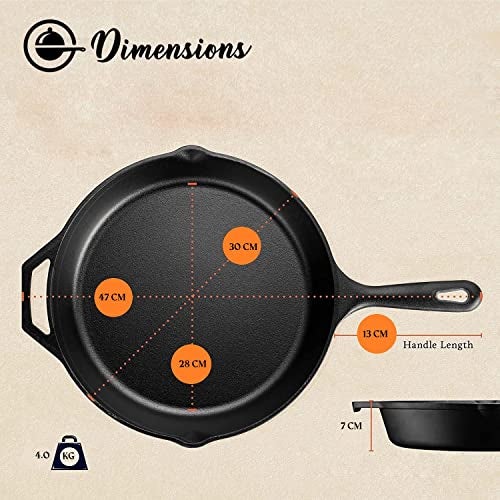 CountryCook Pre-Seasoned Cast Iron Frying Pan 30cms with Glass Lid, Induction Friendly, Non-Toxic, Enamel Free Cookware (Frying Pan, 30 Cms),Multicolor - Image 2