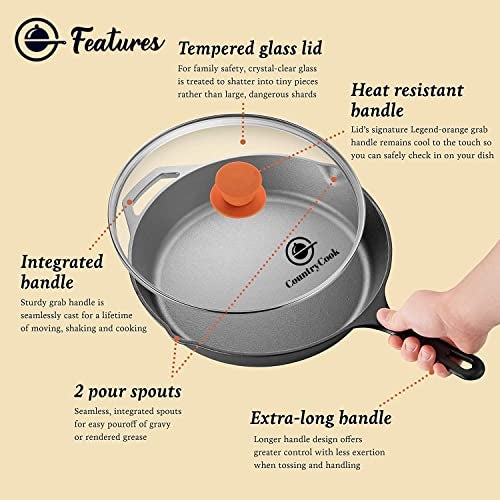 CountryCook Pre-Seasoned Cast Iron Frying Pan 30cms with Glass Lid, Induction Friendly, Non-Toxic, Enamel Free Cookware (Frying Pan, 30 Cms),Multicolor - Image 3