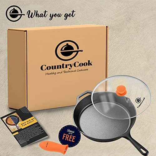 CountryCook Pre-Seasoned Cast Iron Frying Pan 30cms with Glass Lid, Induction Friendly, Non-Toxic, Enamel Free Cookware (Frying Pan, 30 Cms),Multicolor - Image 5