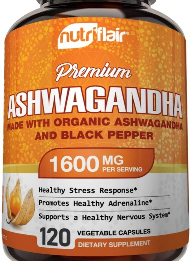NutriFlair Organic Ashwagandha Capsules 1600mg 120 Capsules Adrenal and Thyroid Support