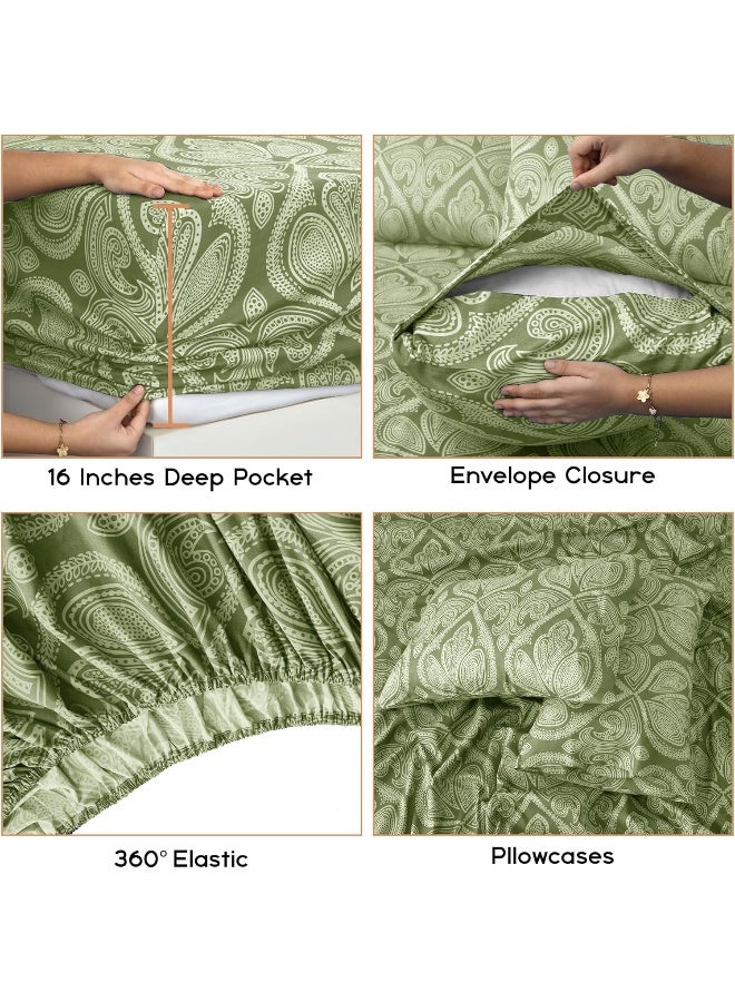 LDC LUX DECOR COLLECTION LUX Dcor Paisley Queen Sheet Set 6 PC Soft Microfiber Wrinkle Free Sheets  Luxurious Printed Bed Sheets Includes Flat Sheet Fitted Sheet with Deep Pockets  4 Pillowcases  Sage Green  - Image 2
