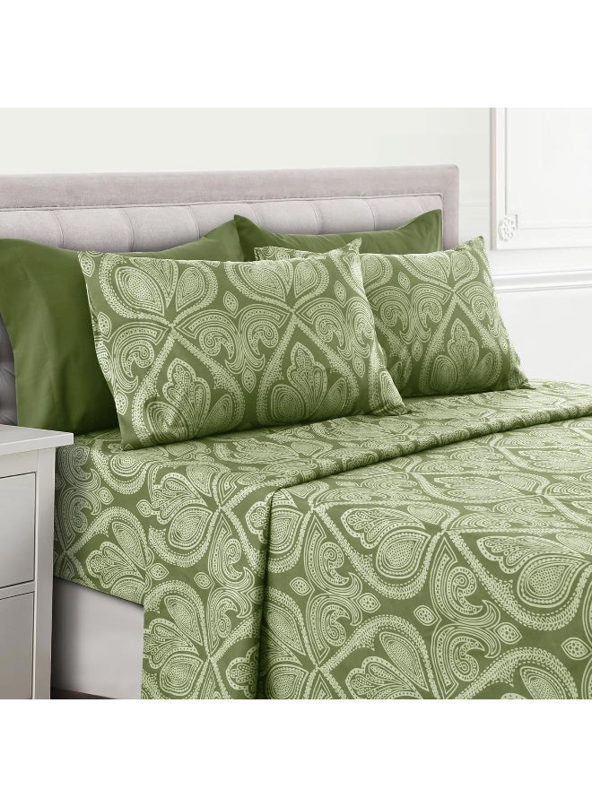 LDC LUX DECOR COLLECTION LUX Dcor Paisley Queen Sheet Set 6 PC Soft Microfiber Wrinkle Free Sheets  Luxurious Printed Bed Sheets Includes Flat Sheet Fitted Sheet with Deep Pockets  4 Pillowcases  Sage Green  - Image 5