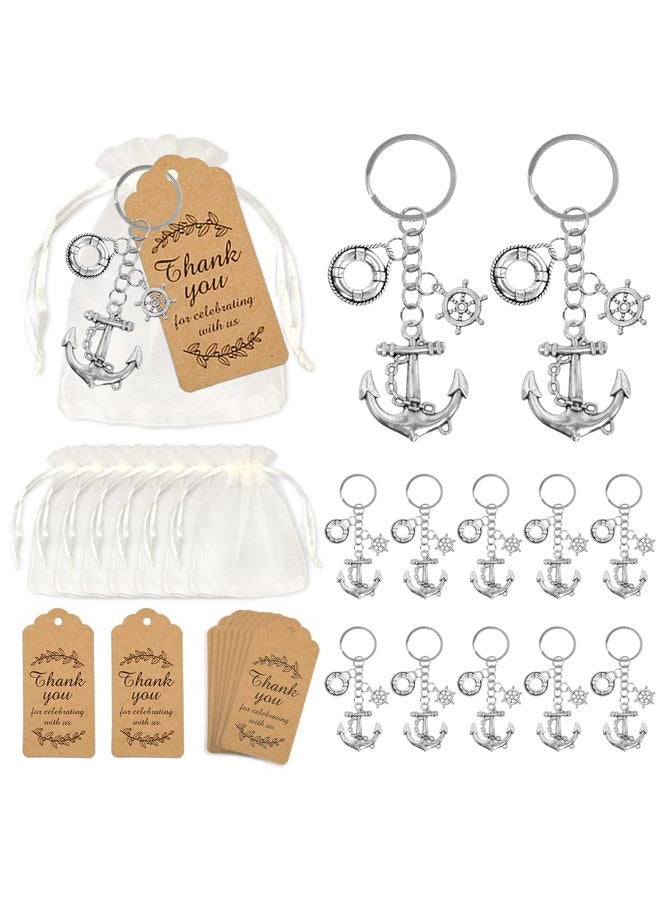 BANBALLON 12Set Nautical Party Favors Anchor Keychain with Rudder Lifebuoy and Gauze Bag Thank You Tags for Engagement Wedding Nautical Adventure Themed Party (Silver), Multicolor, S - Image 1