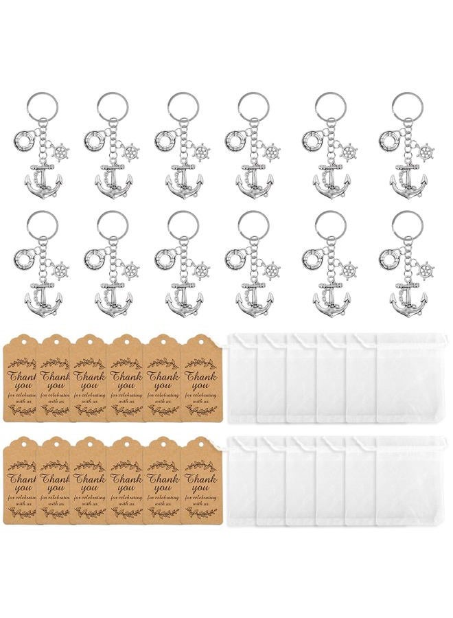 BANBALLON 12Set Nautical Party Favors Anchor Keychain with Rudder Lifebuoy and Gauze Bag Thank You Tags for Engagement Wedding Nautical Adventure Themed Party (Silver), Multicolor, S - Image 2