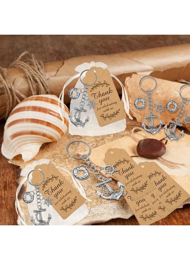 BANBALLON 12Set Nautical Party Favors Anchor Keychain with Rudder Lifebuoy and Gauze Bag Thank You Tags for Engagement Wedding Nautical Adventure Themed Party (Silver), Multicolor, S - Image 4