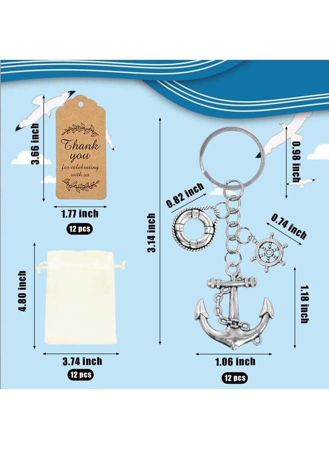 BANBALLON 12Set Nautical Party Favors Anchor Keychain with Rudder Lifebuoy and Gauze Bag Thank You Tags for Engagement Wedding Nautical Adventure Themed Party (Silver), Multicolor, S - Image 3