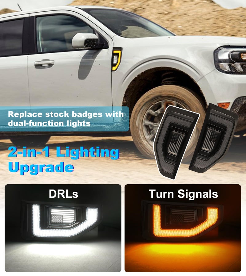 SDPVorn LED Side Marker Lights for Ford Maverick 2022 2023 2024 2025, Fender Badge Vent Blackout Emblem w/Sequential Turn Signals & Daytime Running Lights Lamp DRL Exterior Accessories (Smoked Lens) - Image 2