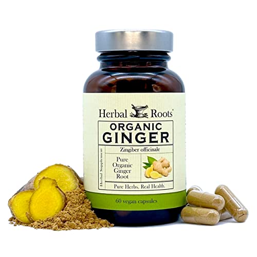 Herbal Roots Ginger Supplement Organic Ginger Root Capsules 1200 mg of Pure Ginger Powder per Serving 60 Vegan Capsules