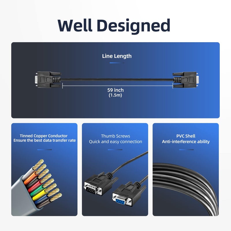 PhyinLan Straight Through DB9 RS232 Serial Cable, 6ft Male to Female 9 Pin Straight Through Extension Cable - Image 4