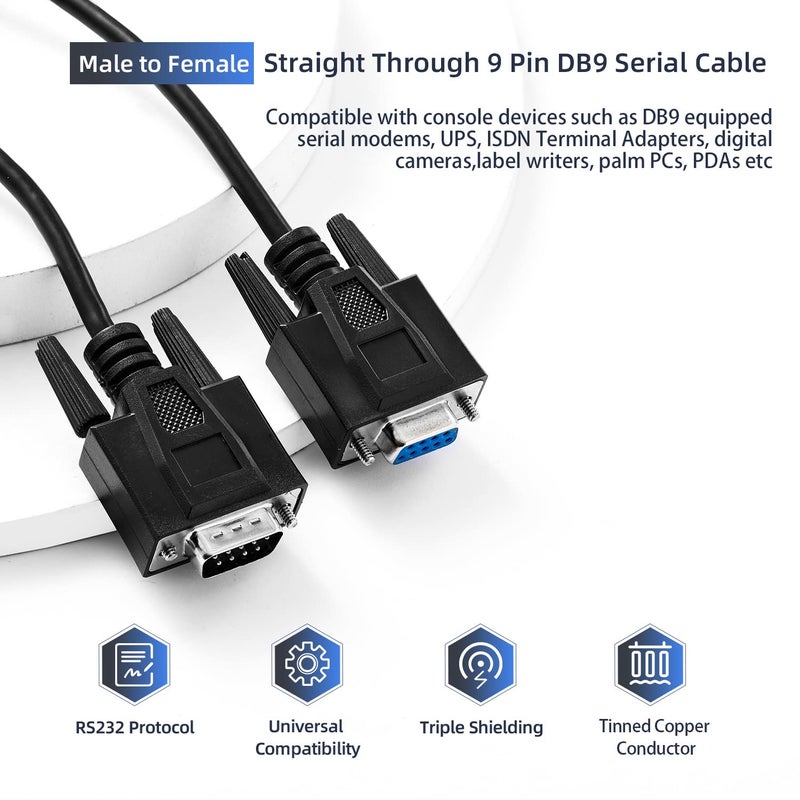 PhyinLan Straight Through DB9 RS232 Serial Cable, 6ft Male to Female 9 Pin Straight Through Extension Cable - Image 2