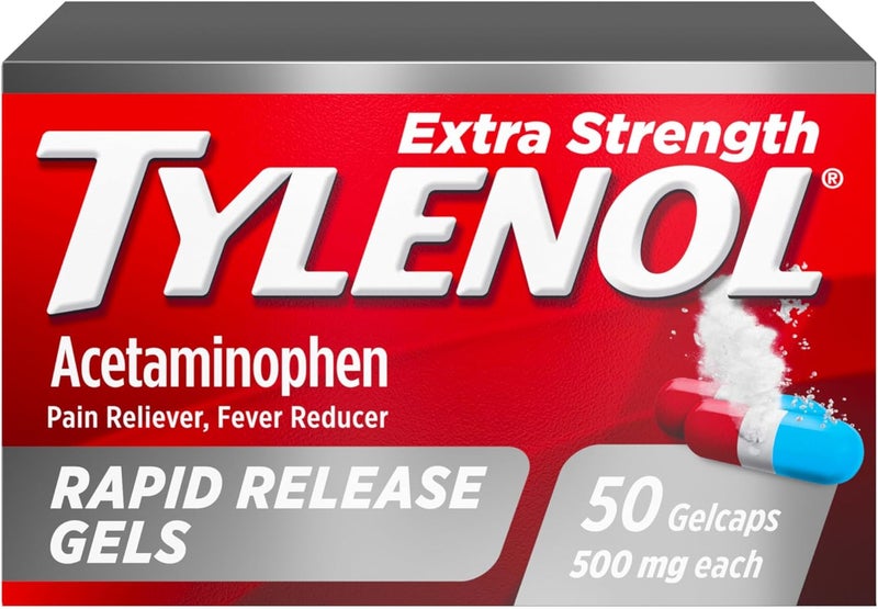 Tylenol Extra Strength Acetaminophen Rapid Release Gels, Extra Strength Pain Reliever & Fever Reducer, Gelcaps with Laser-Drilled Holes, 500 mg Acetaminophen, 50 ct