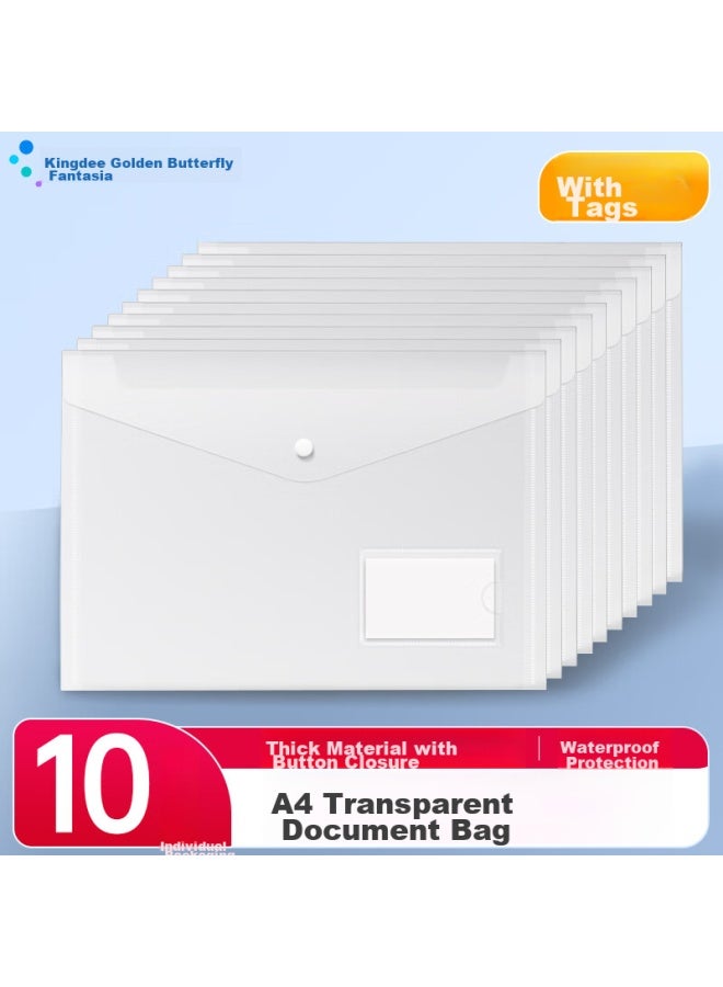 Kingdee 10-pack A4 ملفات وثائق شفافة بإغلاق زر للطلاب، ملفات وثائق مقاومة للماء، تخزين أوراق الامتحانات وتصنيف المواد، مستلزمات مدرسية - Image 1