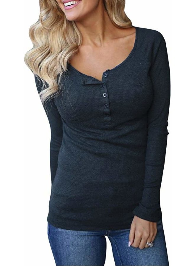 Remikstyt Womens Long Sleeve Casual Henley Shirts Knit Ribbed Thermal Fitted Split Tops (Medium, Navy) - Image 4