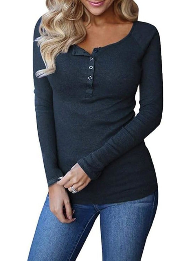 Remikstyt Womens Long Sleeve Casual Henley Shirts Knit Ribbed Thermal Fitted Split Tops (Medium, Navy) - Image 1