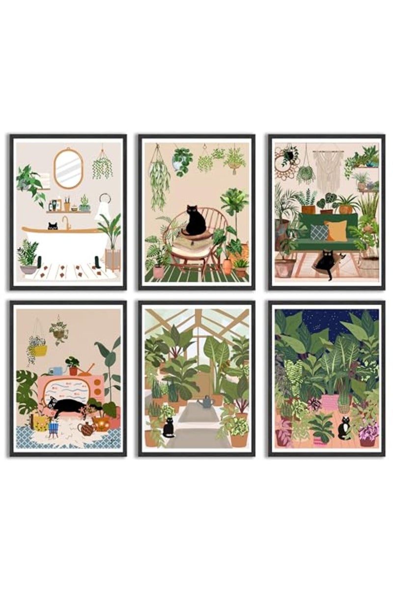 NBYARTQ 6Pcs Green Plants Black Cat Poster Wall Art - Image 2