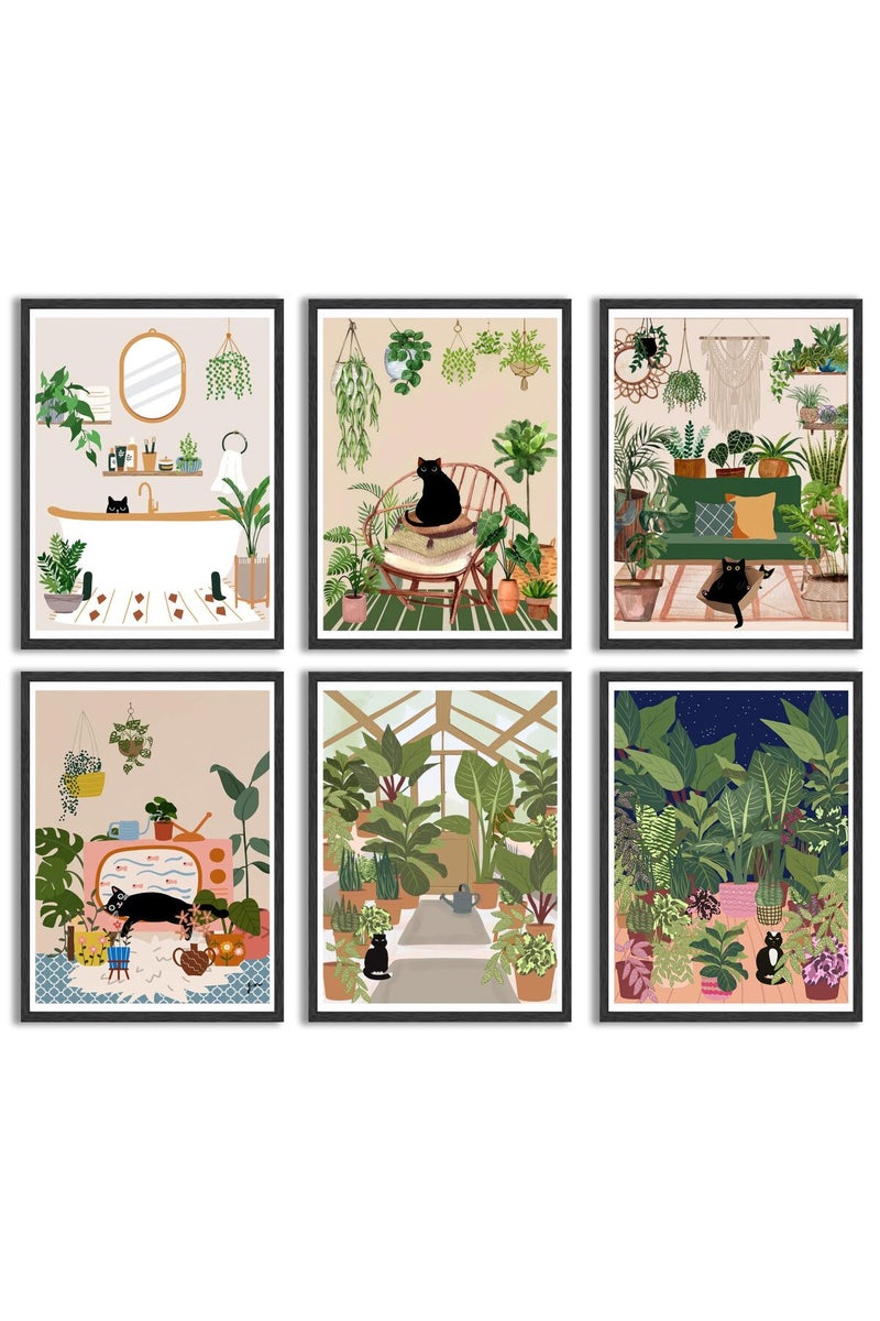 NBYARTQ 6Pcs Green Plants Black Cat Poster Wall Art - Image 1