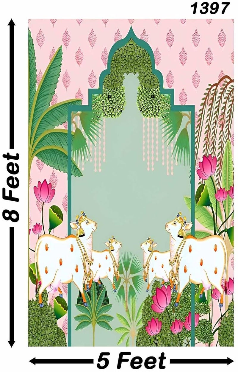 Backdropon Holy Cow Kamdhenu Divine Pichwai Design Backdrop Cloth for Pooja Decoration Traditional Background Curtain Cloth for Festival Size 8 Feet Height and 5 Feet Width(8 * 5) - Image 2