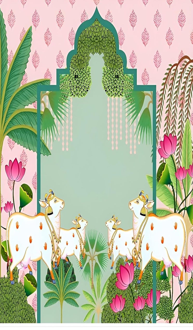 Backdropon Holy Cow Kamdhenu Divine Pichwai Design Backdrop Cloth for Pooja Decoration Traditional Background Curtain Cloth for Festival Size 8 Feet Height and 5 Feet Width(8 * 5) - Image 1