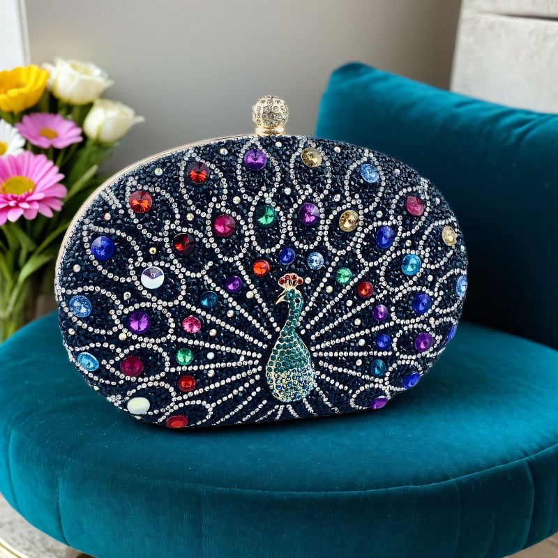 Peacock Diamond-Encrusted Clutch Bag, Retro Style Party Bag, Single Shoulder Crossbody Evening Bag, Export Diamond-Encrusted Design - Image 4