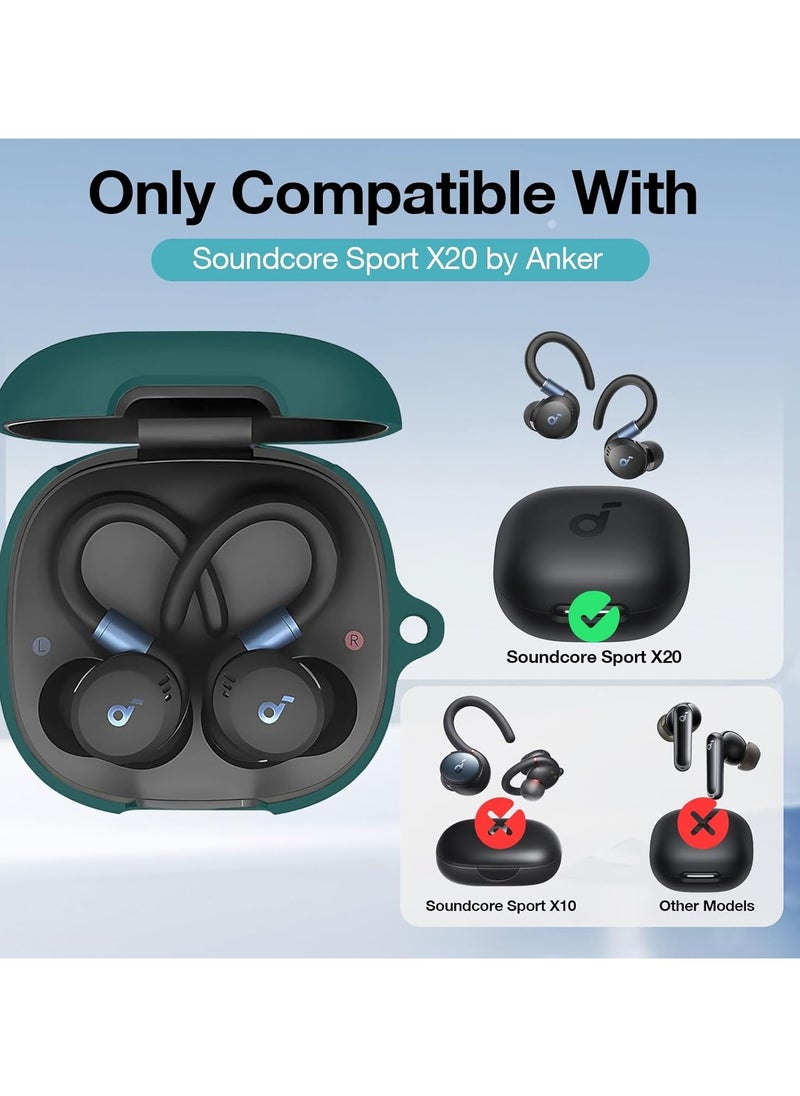 Silicone Case for Soundcore Sport X20, Soft Silicone Shockproof Protective Skin Case Wireless Earbuds with Carabiner, Front LED Visible (Green)