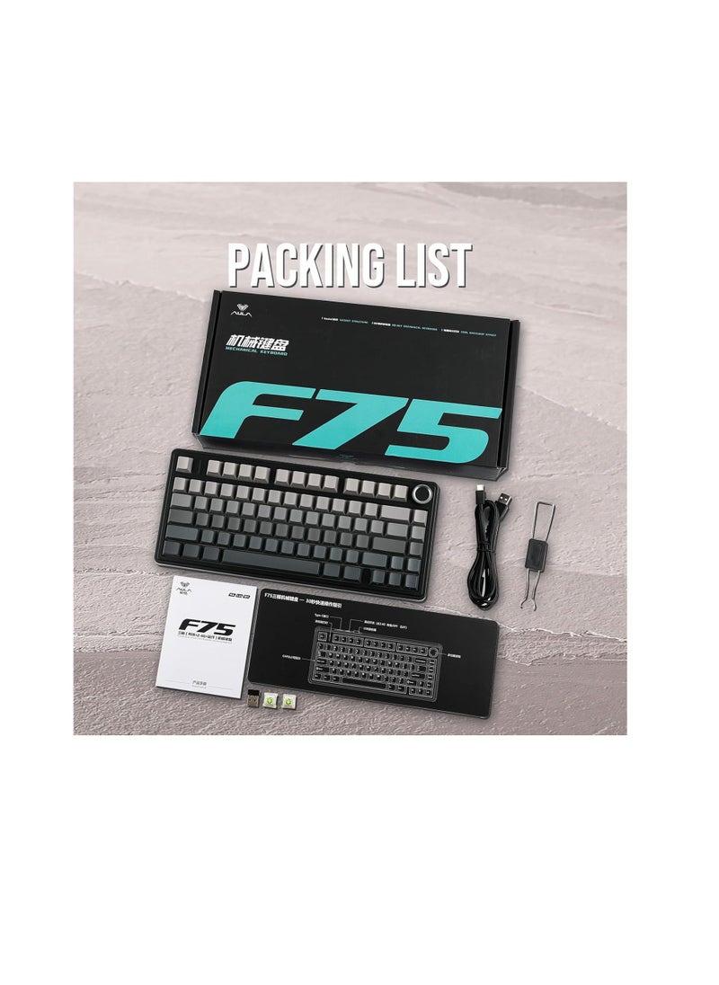 AULA F75 PRO Gasket Mechanical Keyboard, 75% Wireless Hot Swappable Gaming Keyboard with Five-Layer Padding&Knob, Bluetooth/2.4GHz/USB-C, RGB (Black Gradient, LEOBOG Reaper Switch)
