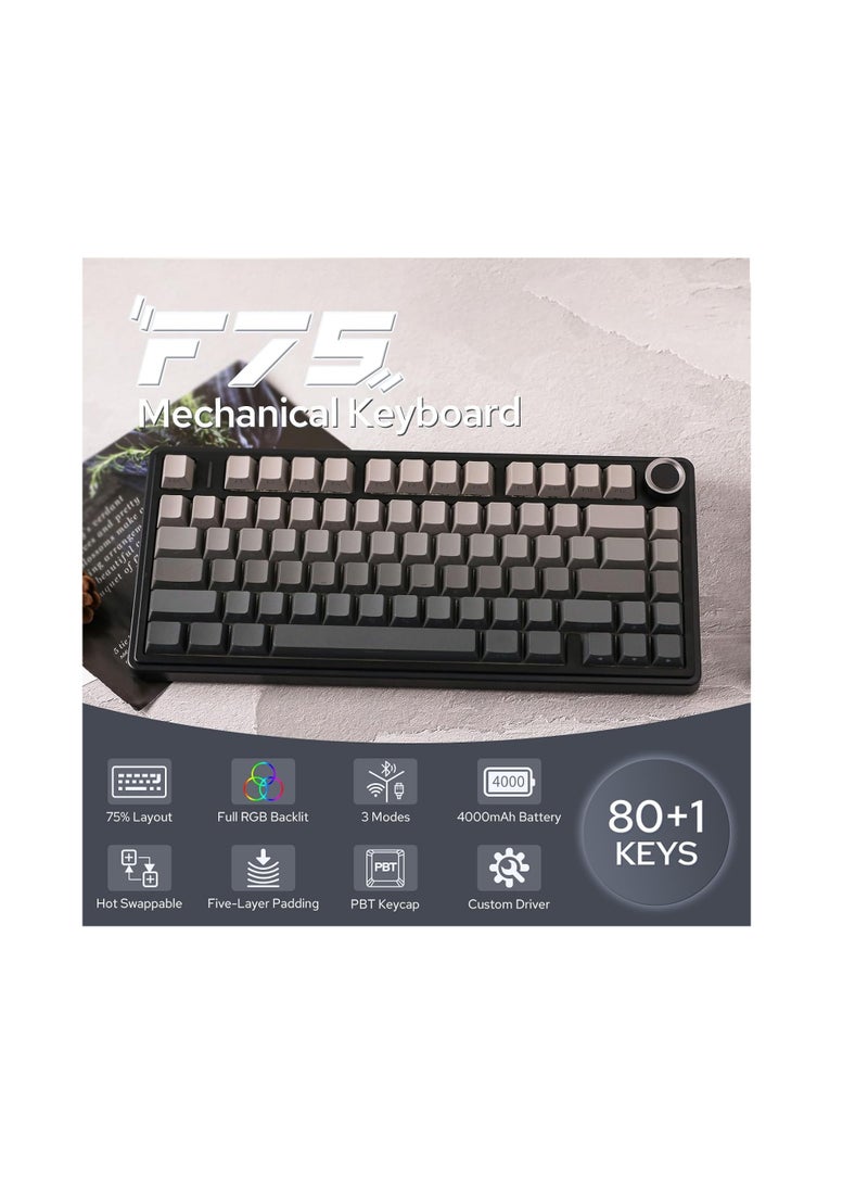 AULA F75 PRO Gasket Mechanical Keyboard, 75% Wireless Hot Swappable Gaming Keyboard with Five-Layer Padding&Knob, Bluetooth/2.4GHz/USB-C, RGB (Black Gradient, LEOBOG Reaper Switch)