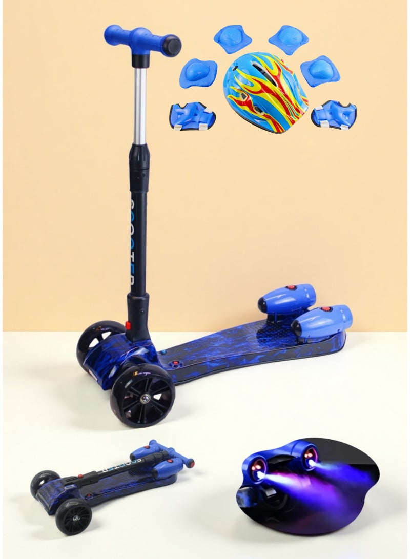 إيزي فيتشور سكوتر سهل الاستخدام بثلاث عجلات للأطفال من عمر 3 إلى 14 سنة، مزود بتأثيرات رذاذ الماء والدخان وموسيقى بلوتوث، وعجلات مضيئة بتقنية LED، ونظام توجيه سهل بالانحناء، قابل للطي وآمن للقيادة، ويشمل مجموعة كاملة من معدات الحماية. - Image 1