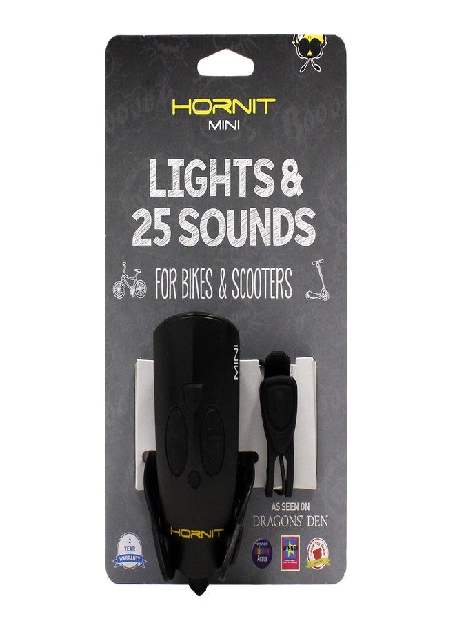 Hornit Mini, Bike & Scooter Horn and Safety Light for Children and Kids, 25 Sound Effects, 6 Light Modes: White Safety Light and Funky Green Light, Black/Black - Image 1