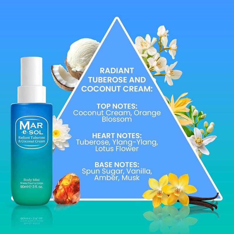 Mar.e.SOL Radiant Tuberose & Coconut Cream Gift Set – Body Mist 90ml + Scrub 100g + Body Butter 75ml Floral & Creamy Long-Lasting Fragrance Hydrating Care Gift Set for Women - Image 3