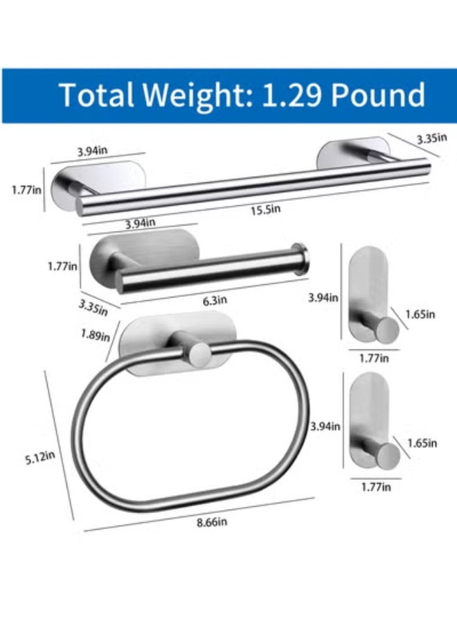 5 Pieces Bathroom Hardware Set, Self Adhesive Brushed Nickel Bathroom Accessories Set Stainless Steel, Including 16" Towel Bar, Toilet Paper Holder, Towel Ring, Towel Hook, Towel Racks for Bathroom - Image 5