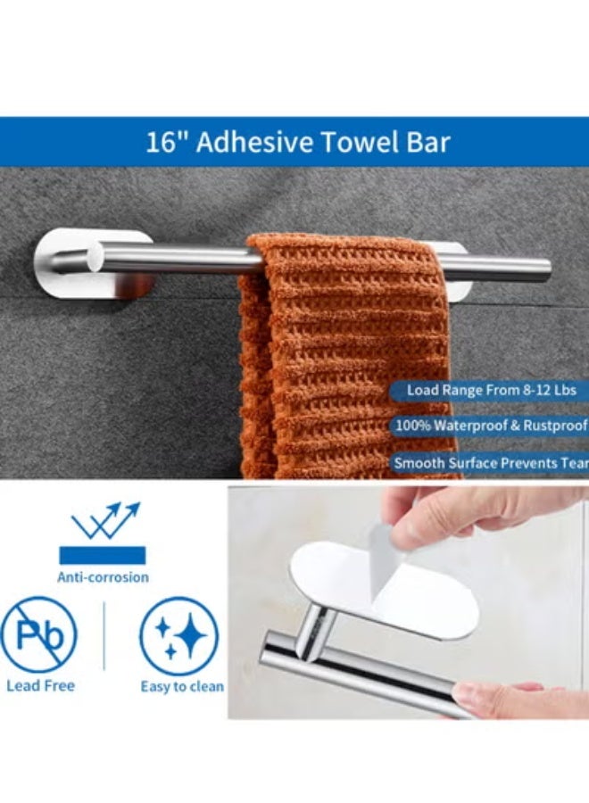 5 Pieces Bathroom Hardware Set, Self Adhesive Brushed Nickel Bathroom Accessories Set Stainless Steel, Including 16" Towel Bar, Toilet Paper Holder, Towel Ring, Towel Hook, Towel Racks for Bathroom - Image 2