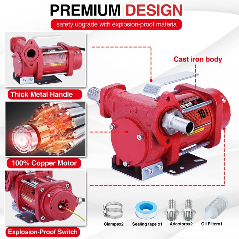 TOPWAY 12V DC Gasoline Fuel Pump 10GPM Self-priming Oil Transfer Pump With Handle, Overheat Protection, Explosion-Proof, Built-in Bypass, for Gasoline Fuel Diesel Kerosene Removal,Red - Image 2