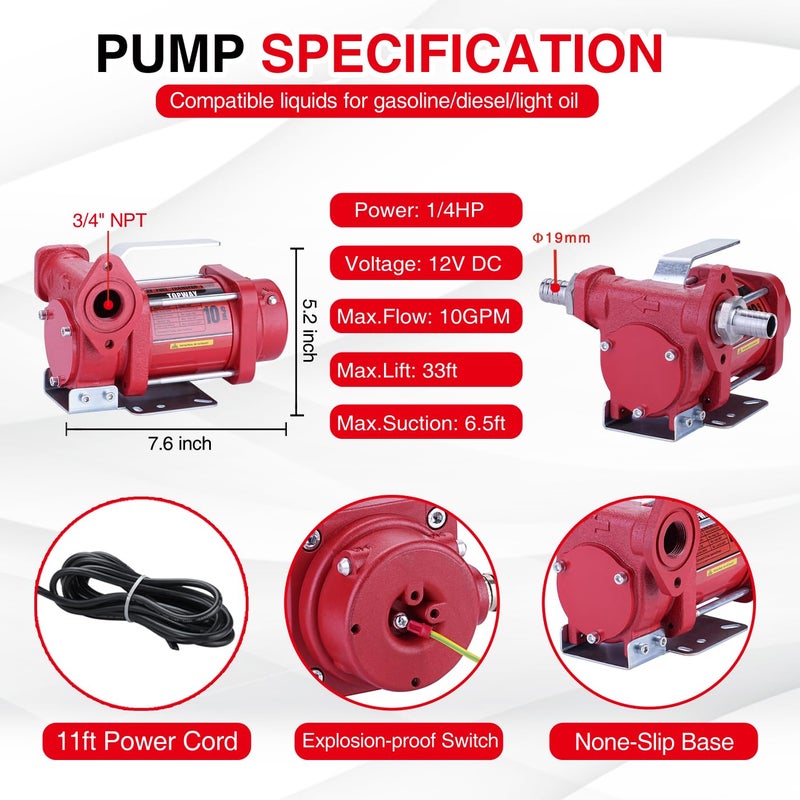 TOPWAY 12V DC Gasoline Fuel Pump 10GPM Self-priming Oil Transfer Pump With Handle, Overheat Protection, Explosion-Proof, Built-in Bypass, for Gasoline Fuel Diesel Kerosene Removal,Red - Image 3