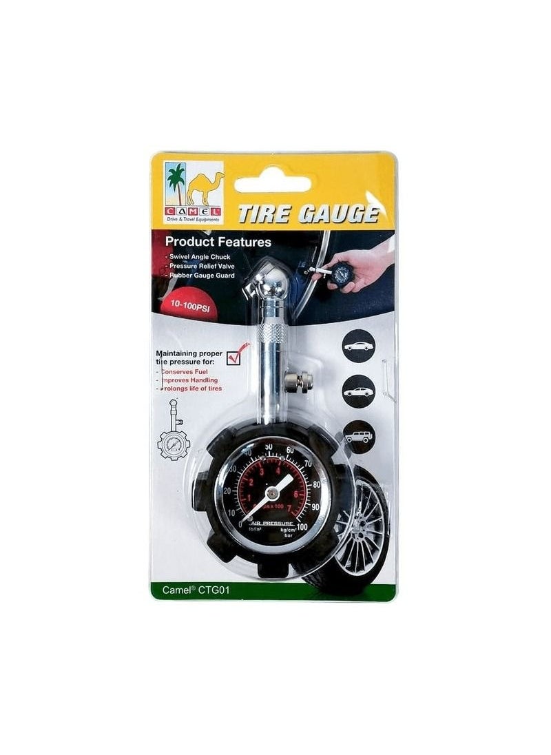 camel - camel Tire Pressure Gauge Manual Hand 10-100PSI Tire Air Pressure Gauge Meter Tester Easy Read Dial with Rubber Cap-1PC,CameI -CTG01 - Image 1