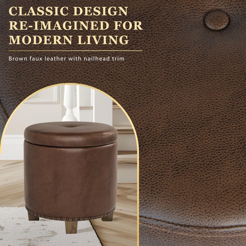 Homepop Home Decor | Upholstered Round Storage Ottoman with Nailheads| Ottoman with Storage for Living Room & Bedroom, Brown Faux Leather - Image 4