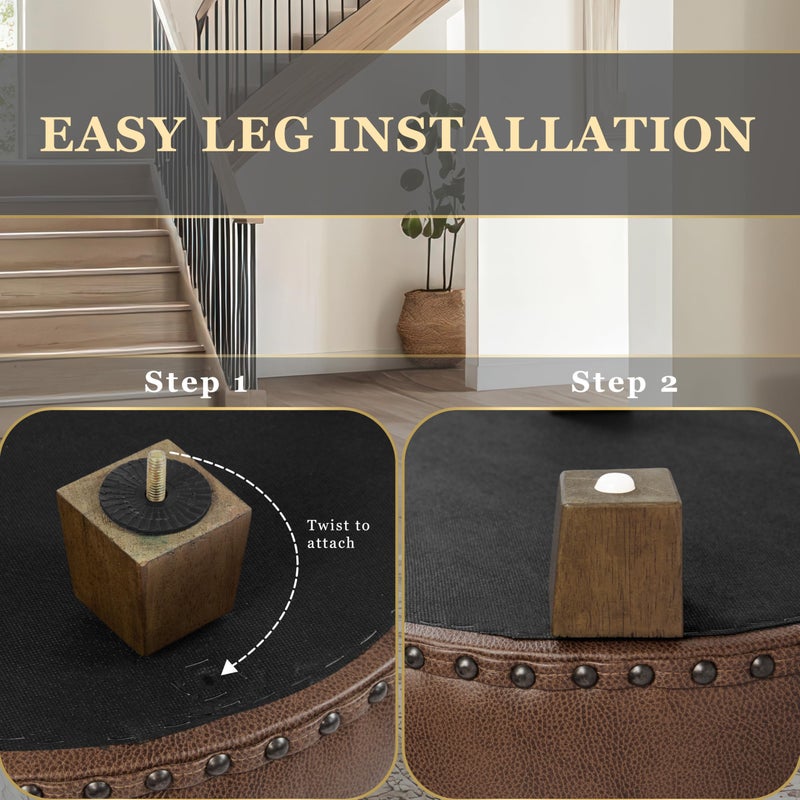 Homepop Home Decor | Upholstered Round Storage Ottoman with Nailheads| Ottoman with Storage for Living Room & Bedroom, Brown Faux Leather - Image 3