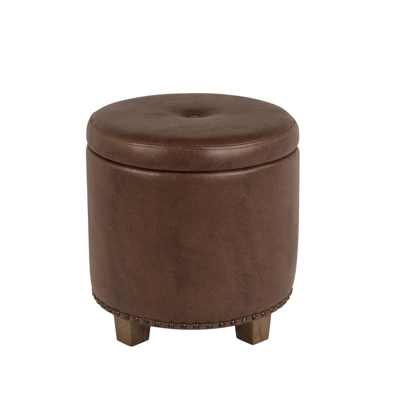 Homepop Home Decor | Upholstered Round Storage Ottoman with Nailheads| Ottoman with Storage for Living Room & Bedroom, Brown Faux Leather - Image 1