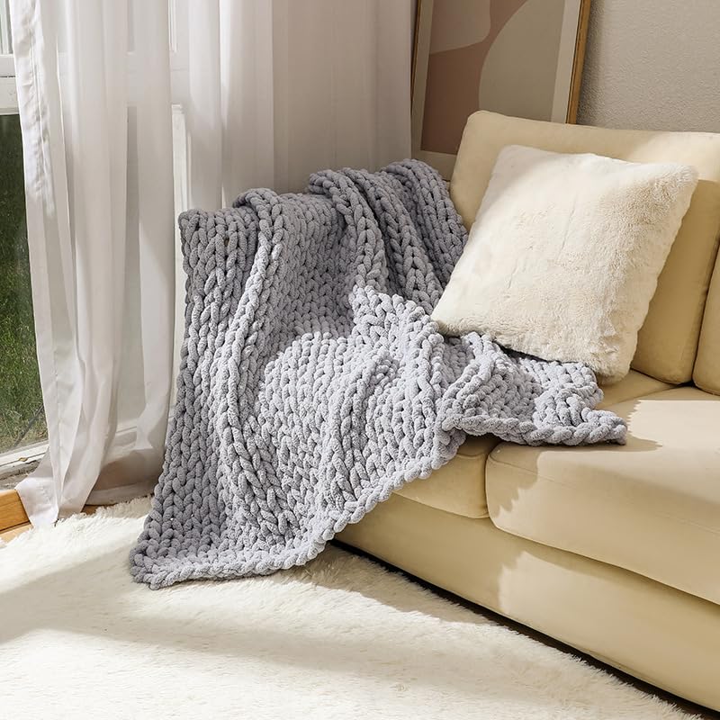 MocaDng Chunky Knit Blanket Throw 40"×40", Hand Knitted Warm Chenille Throw Blanket, Home Decor Soft Thick Yarn Cable Knit Blanket, Soft Breathable Fleece Banket Christmas for Couch Bed Sofa Best Gift (Gray) - Image 5