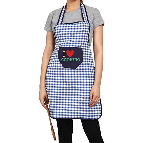 JMi Cotton Checkered Design Waterproof Apron with Multipurpose Front Large Embroidered Pocket Pack of 2 (BLUE YELLOW) - Image 4