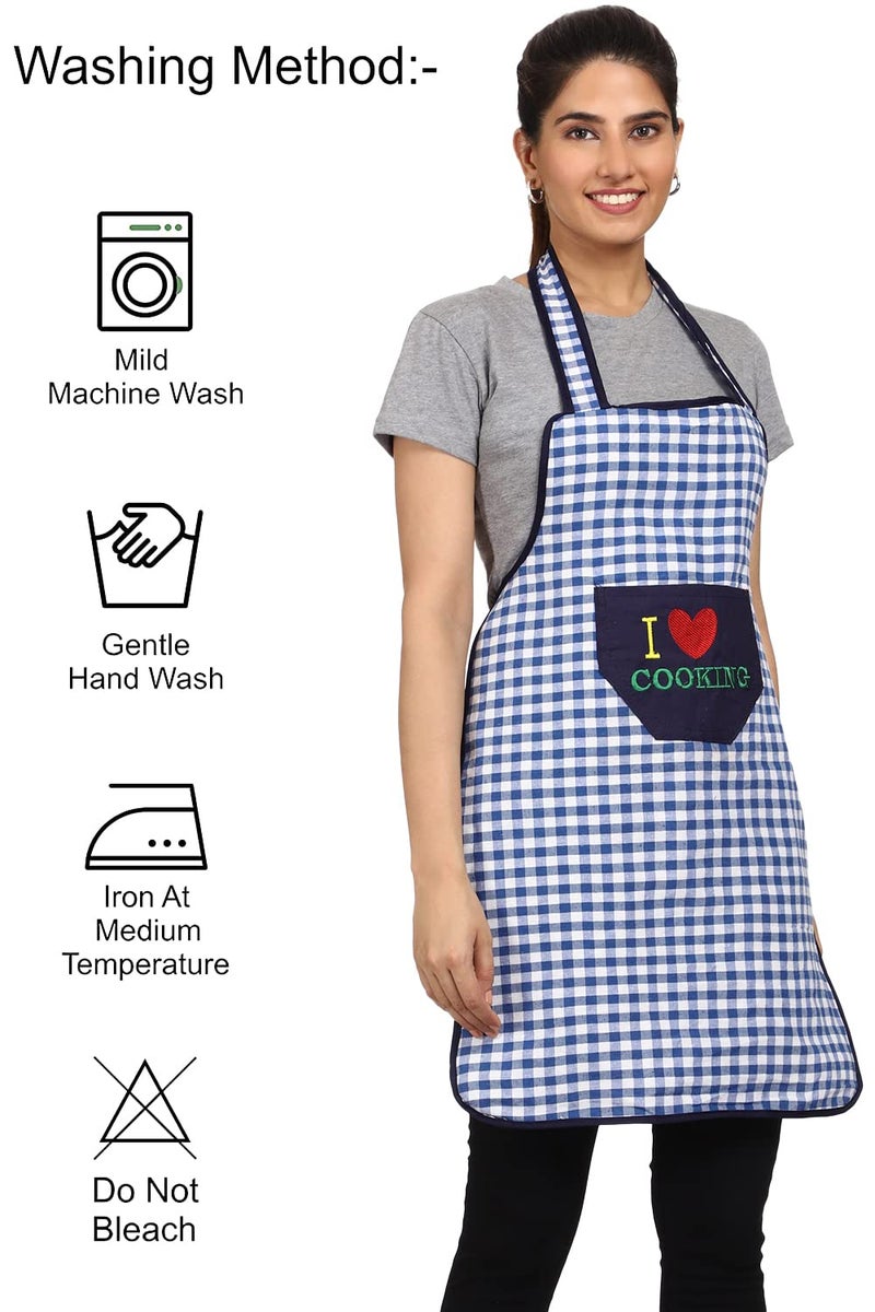 JMi Cotton Checkered Design Waterproof Apron with Multipurpose Front Large Embroidered Pocket Pack of 2 (BLUE YELLOW) - Image 3