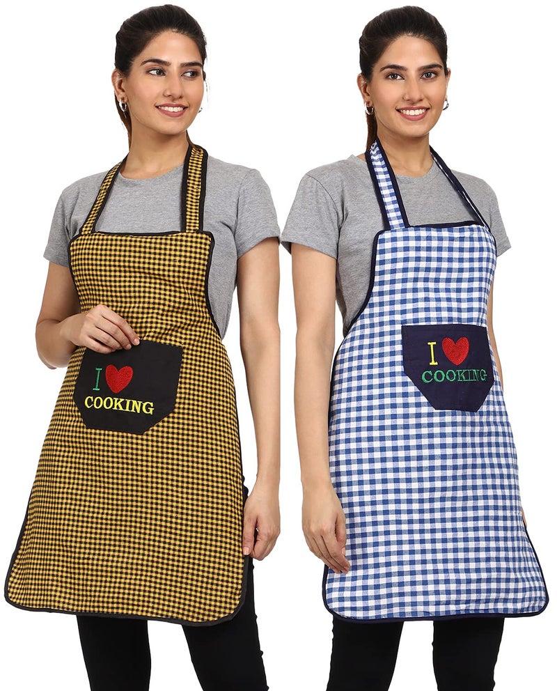 JMi Cotton Checkered Design Waterproof Apron with Multipurpose Front Large Embroidered Pocket Pack of 2 (BLUE YELLOW) - Image 1