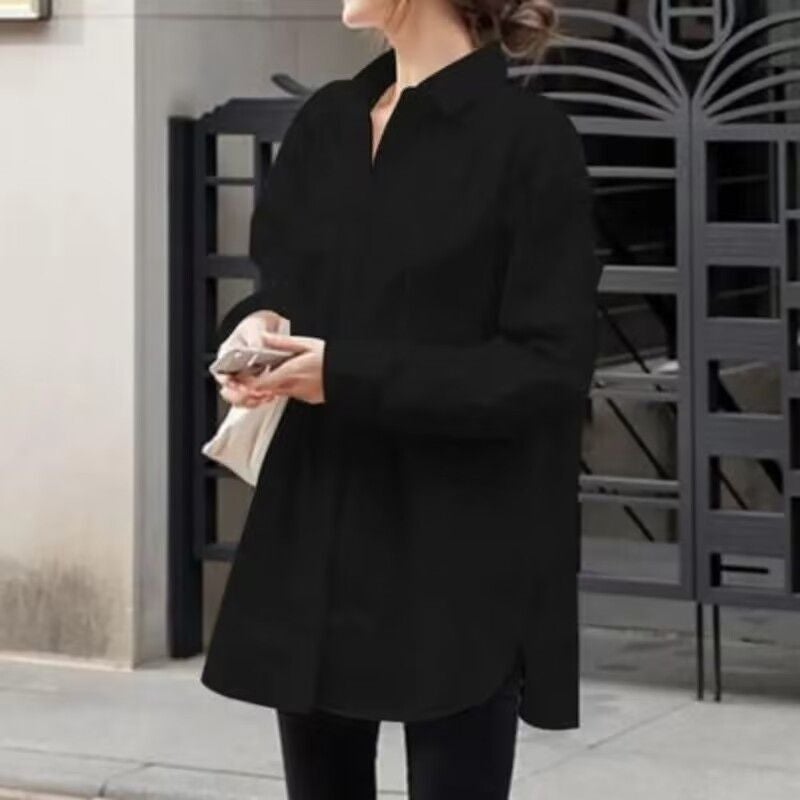 Thick Hooded Coat Women 2024 Plus Size Retro Plaid Shirt Long Sleeve Autumn Winter Jacket Black solid color long sleeve (chiffon) shirt