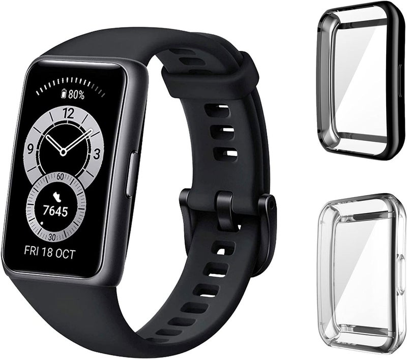 Azonee HUAWEI Band 6/7 2-Pack TPU Protective Case with Screen Protector, Anti-Scratch, Drop-Proof, Waterproof, Black & Transparent - Image 2