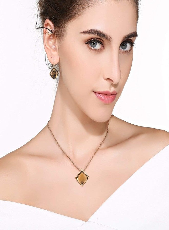 EVEVIC Square Austrian Crystal Necklace Earrings Set for Women 18K Gold Plated Jewelry Set (Brown) - Image 2