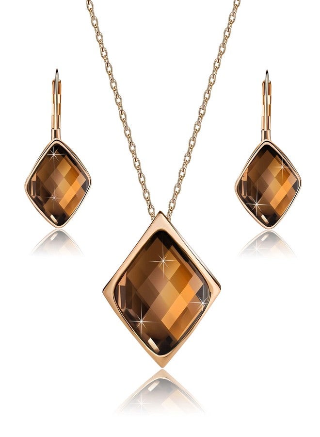 EVEVIC Square Austrian Crystal Necklace Earrings Set for Women 18K Gold Plated Jewelry Set (Brown) - Image 1